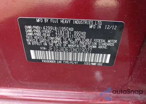 2013 Subaru Impreza 2.0I Premium from USA, damaged, VIN JF1GJAD67DH019027